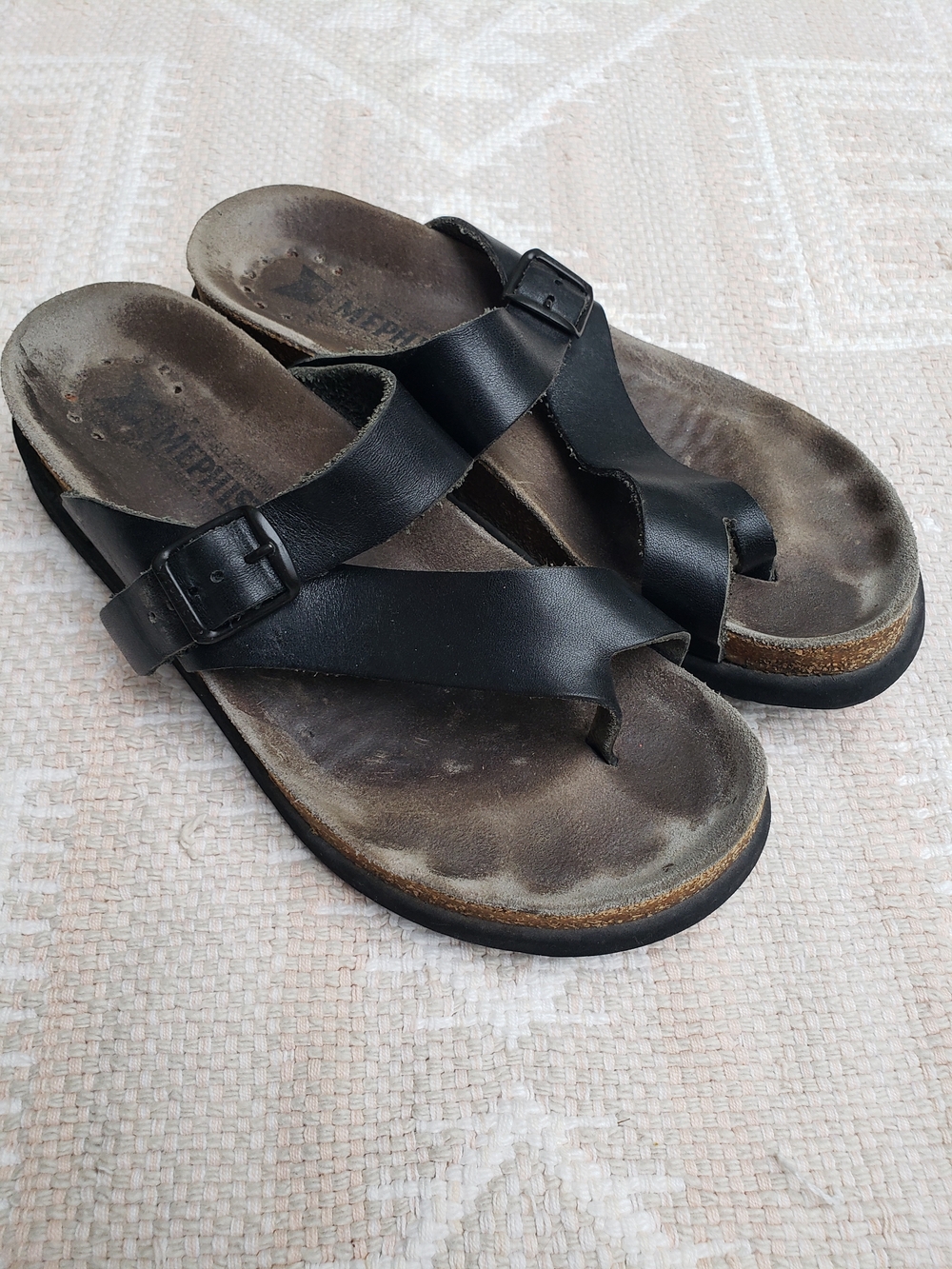 Mephisto Helen Black Leather Buckle Slide Sandal